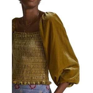 Anthropologie Gold Velvet Smocked Balloon Puff Long Sleeve Top Boho Chic, M